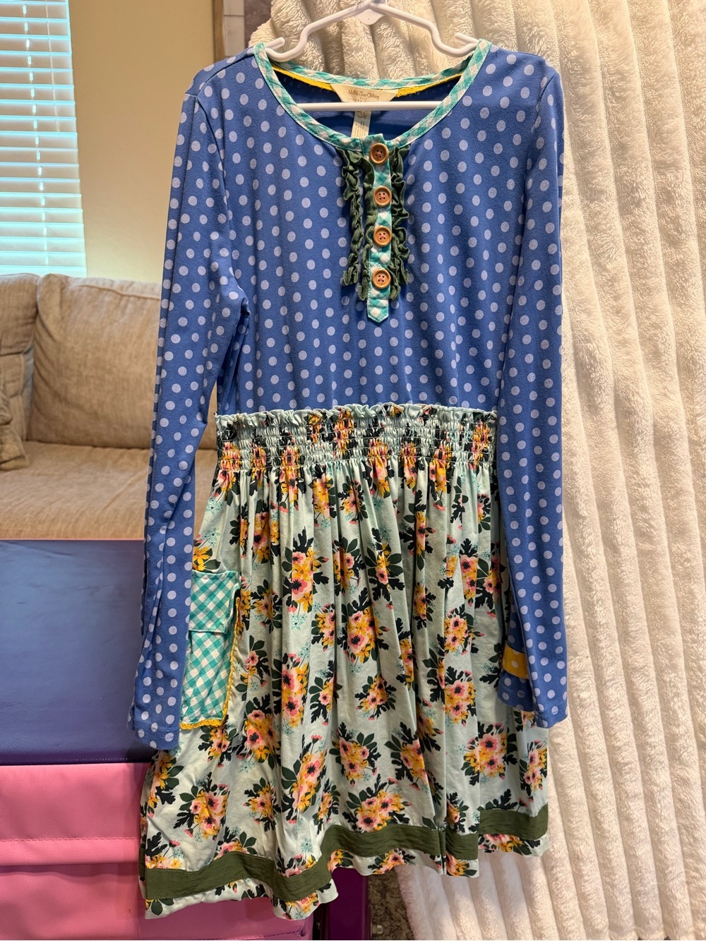 Matilda Jane Blue Polka Dot Top with Aqua Floral Skirt Dress